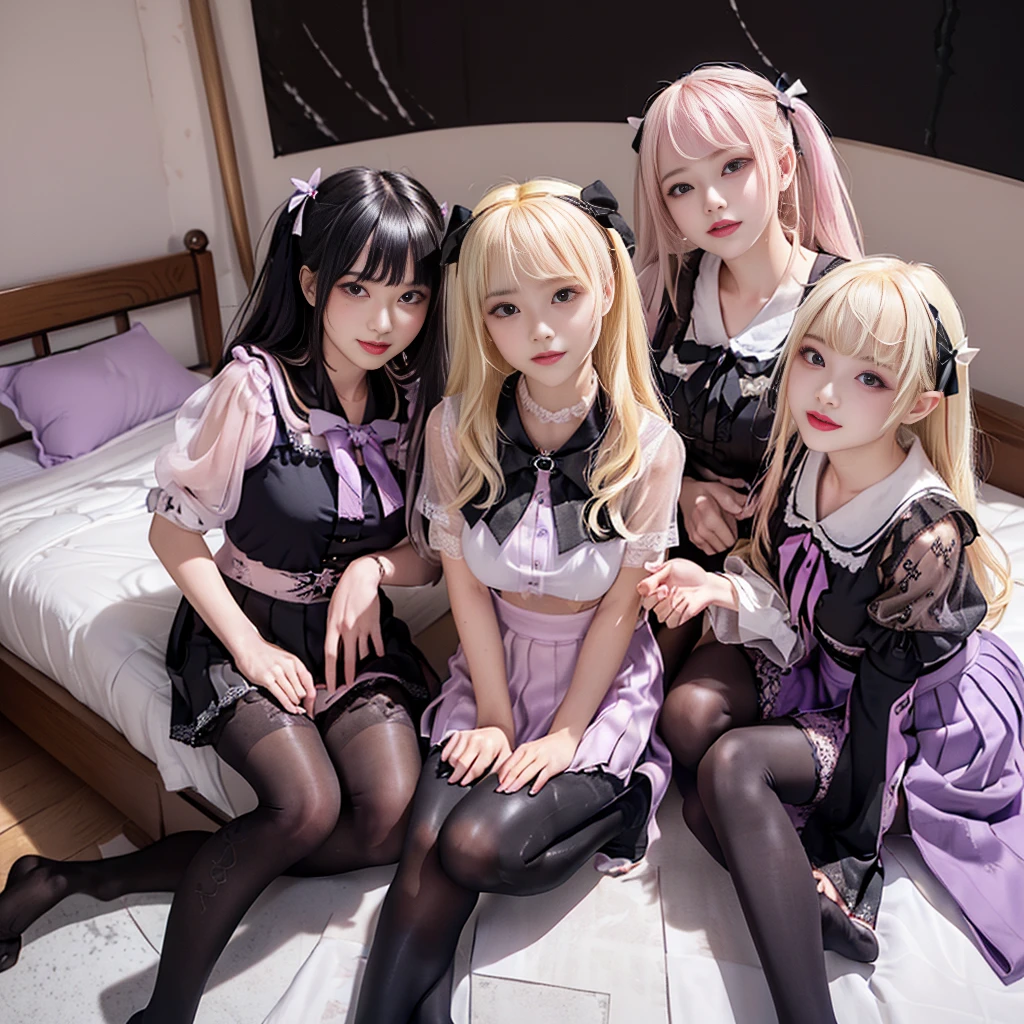 8K resolution, surreal, Super detailed, high quality, perfect anatomy, perfect proportion, 
((((((A group photo in bedroom at midnight, women only, violet pink lighting, luxurious bed, 4 girls, group photo)))))), 
(((((purple, wearing black face mask, jirai fashion, black sailor collar, lingerie, Lace, black pleated skirt, black micro mini skirt, bow ribbon))))), 
((grin, happy, detailed face)), 
((((bleached hair))))+, (large breasts), posing, 
(((shiny detailed oiled skin))), 
(((black see-through tights))), looking at viewer