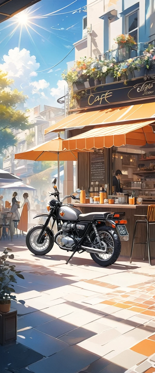 Very eye-catching off-road type handsome orange, silver and black motorcycle.Stop by the outdoor cafe.Surrounded by the dazzling afternoon sun, shadow and shade textures，The whole scene looks lazy and romantic, Effortlessly elegant aesthetics.。Cafe background.(masterpiece, best quality:1.2),art illustration，Abstract surreal colors,Clear and colorful.
