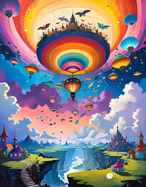 In a whimsical, colorful cartoon world, a kaleidoscope of flying objects swirls against surreal landscapes, inspired by the ethe...