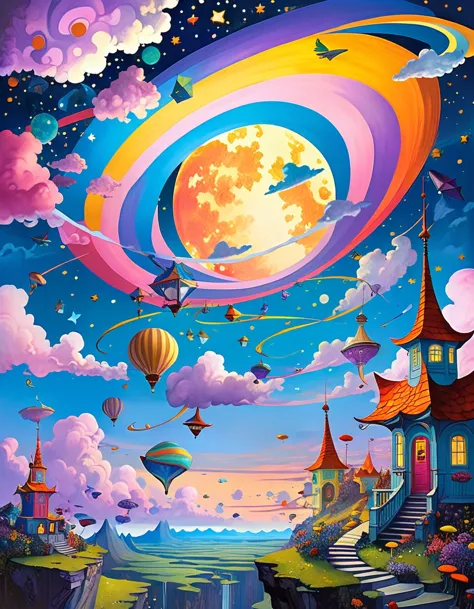 In a whimsical, colorful cartoon world, a kaleidoscope of flying objects swirls against surreal landscapes, inspired by the ethe...