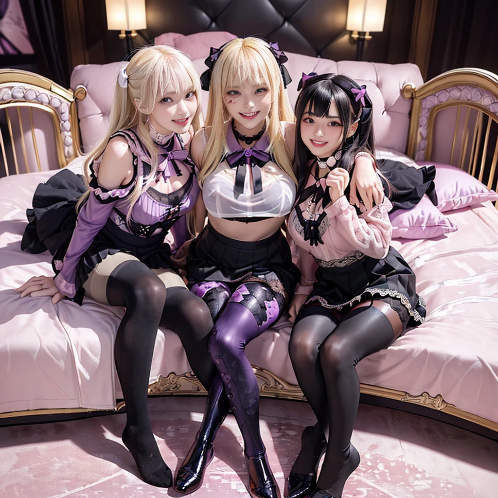 8K resolution, surreal, Super detailed, high quality, perfect anatomy, perfect proportion, 
((((((A group photo in bedroom at midnight, women only, violet pink lighting, luxurious bed, 4 girls, group photo)))))), 
(((((violet red, wearing black face mask, jirai fashion, black sailor collar, lingerie, Lace, black pleated skirt, black micro mini skirt, bow ribbon))))), 
((grin, happy, detailed face)), 
((((bleached hair))))+, (large breasts), posing, 
(((shiny detailed oiled skin))), 
(((black see-through tights))), looking at viewer