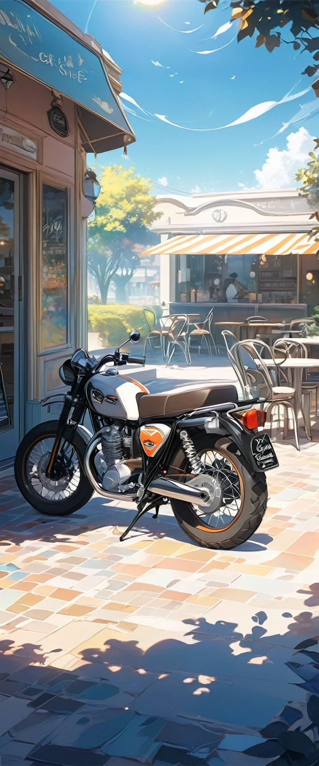 Very eye-catching off-road type handsome black motorcycle.Stop by the outdoor cafe.Surrounded by the dazzling afternoon sun, shadow and shade textures，The whole scene looks lazy and romantic, Effortlessly elegant aesthetics.。Cafe background.(masterpiece, best quality:1.2),art illustration，Abstract surreal colors,Clear and colorful.