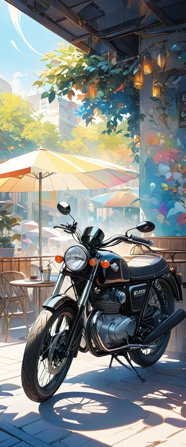 Very eye-catching, trendy and handsome black motorcycle.Stop by the outdoor cafe.Surrounded by the dazzling afternoon sun, shadow and shade textures，The whole scene looks lazy and romantic, Effortlessly elegant aesthetics.。Cafe background.(masterpiece, best quality:1.2),art illustration，Abstract surreal colors,Clear and colorful.