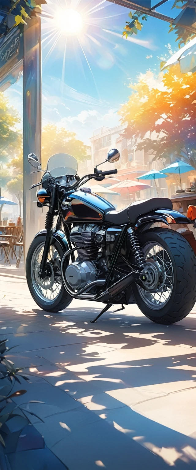 Close-up of an eye-catching off-road, handsome black motorcycle.Stop by the outdoor cafe.Surrounded by the dazzling afternoon sun, shadow and shade textures，The whole scene looks lazy and romantic, Effortlessly elegant aesthetics.。Cafe background.(masterpiece, best quality:1.2),art illustration，Abstract surreal colors,Clear and colorful.