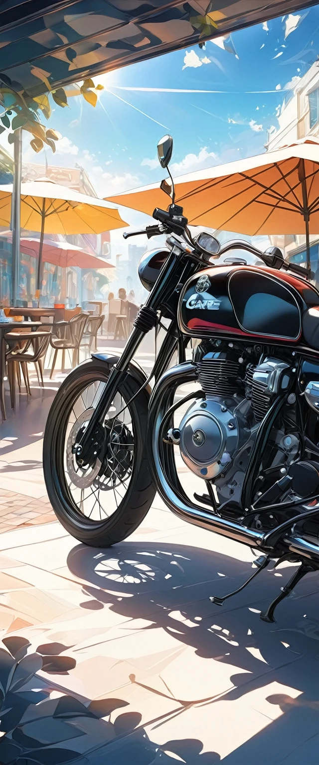 Close-up of an eye-catching off-road, handsome black motorcycle.Stop by the outdoor cafe.Surrounded by the dazzling afternoon sun, shadow and shade textures，The whole scene looks lazy and romantic, Effortlessly elegant aesthetics.。Cafe background.(masterpiece, best quality:1.2),art illustration，Abstract surreal colors,Clear and colorful.