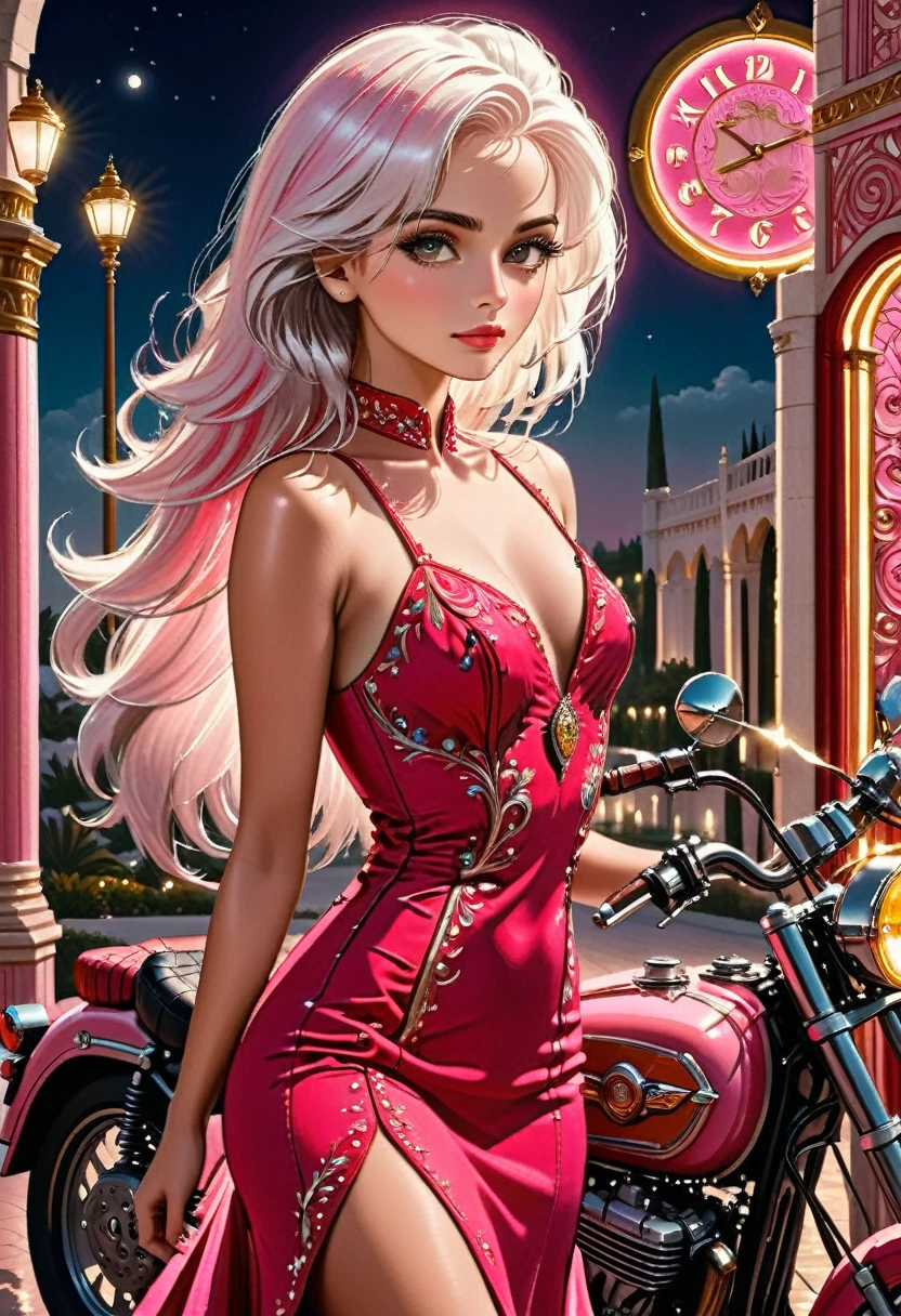 an (embroidery picture: 1.5) of an exquisite woman standing near her legendary vintage (pink motorcycle: 1.3), a glam beautiful, woman, medium hair cut, (white hair: 1.2), intense gaze, elegant intricate dress, (red dress: 1.1), standing near her epic vintage (pink motorcycle: 1.3), it is night time, moon light, some clouds, there is an entrance to torch lit entrance to a palace in the background, ral-embroideredpatch, best details, best quality, 16k, [ultra detailed], masterpiece, best quality, (extremely detailed), dynamic angle, full body shot, Cinematic Hollywood Film, intense gaze