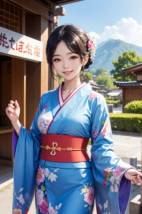 A beautiful smiling woman in a kimono greets people with a cheerful "Good morning" as her arms open under the blue sky