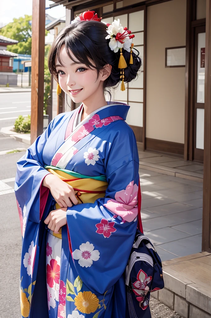 A beautiful smiling woman in a kimono greets people with a cheerful "Good morning" as her arms open under the blue sky