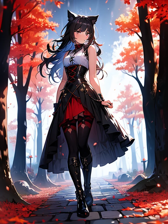 Masterpiece, Best Quality), 1 girl, blake_Belladonna, layer, dress, black layer, crescent negro, Boots, shackles, red trees, autumn leaf, corset, cloudy forest, gradient gray sky