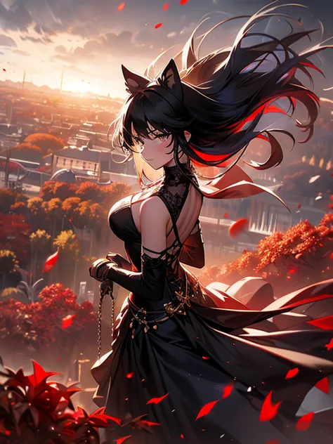 masterpiece, best quality), 1 girl, blake_belladonna, layer, dress, black layer, crescent negro, boots, shackles, red trees, aut...