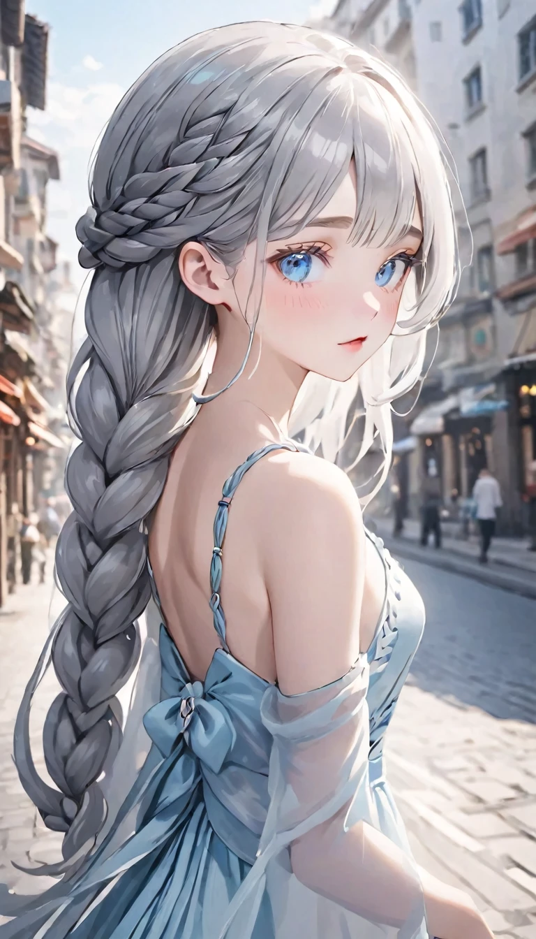 (((Realistic)))、Beautiful silver hair、20-year-old、pretty girl、One Girl、attractive whitish light blue eyes、smooth lips、Loose braid、Thin fabric dress、50mm lens、European cityscape、Blurred Background、