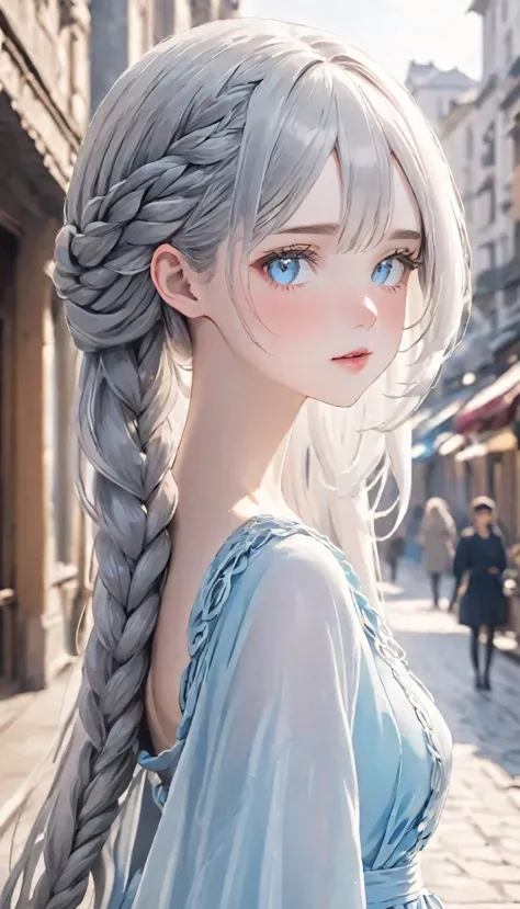 (((Realistic)))、Beautiful silver hair、20-year-old、pretty girl、One Girl、attractive whitish light blue eyes、smooth lips、Loose brai...