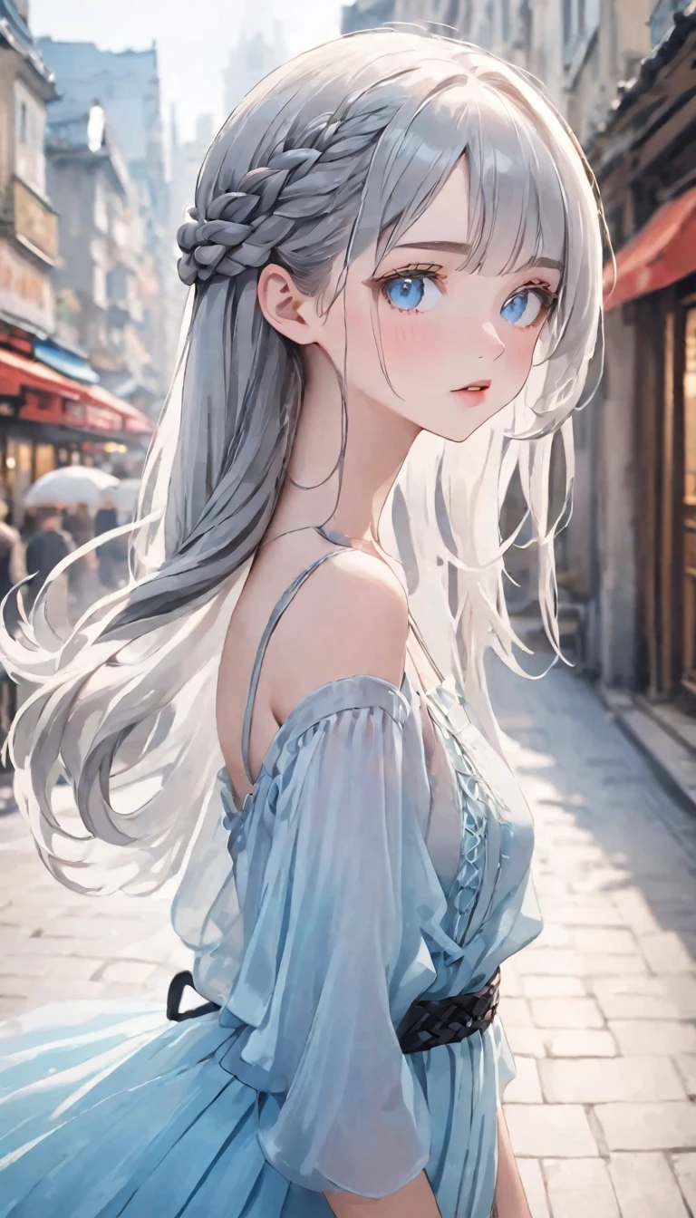 (((Realistic)))、Beautiful silver hair、20-year-old、pretty girl、One Girl、attractive whitish light blue eyes、smooth lips、Loose braid、Thin fabric dress、50mm lens、European cityscape、Blurred Background、