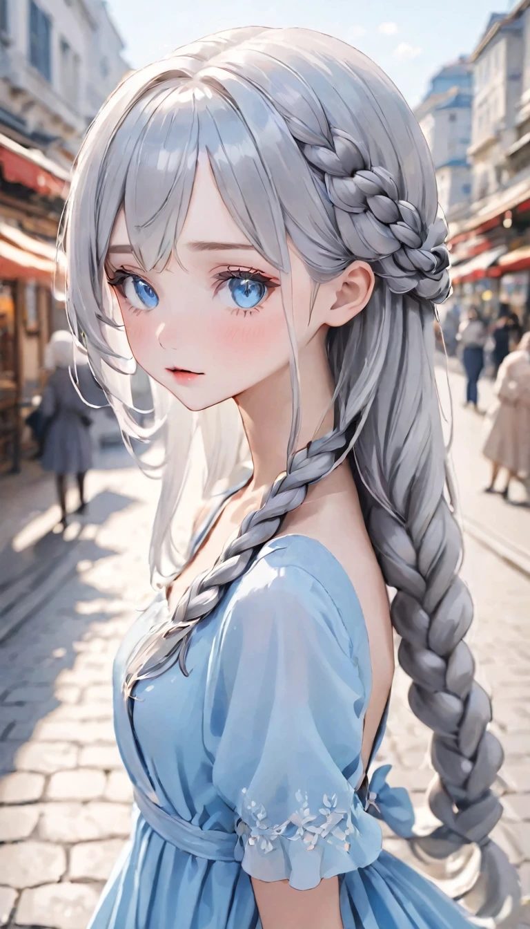 (((Realistic)))、Beautiful silver hair、20-year-old、pretty girl、One Girl、attractive whitish light blue eyes、smooth lips、Loose braid、Thin fabric dress、50mm lens、European cityscape、Blurred Background、