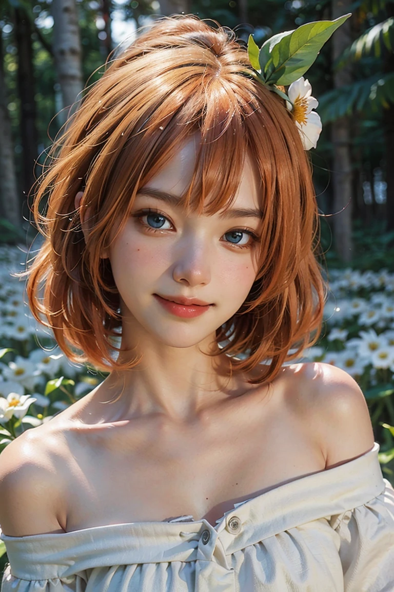 Best quality, masterpiece, ultra high res, (photorealistic:1.4), raw photo, 1girl, white dress, off shoulder, blossom flower field, glowing skin, light smile, yotsuba nakano, orangw hair, shoulder length orange hair, blue eyes, green ribbon