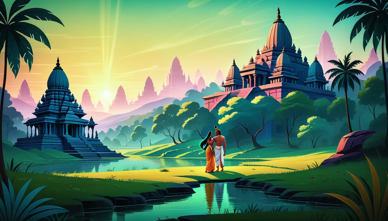 Epic panoramic scene of Rama and Sita in a lush, mythical Indian landscape, stylized animation, vibrant colors, ancient temples in background, cinematic lighting