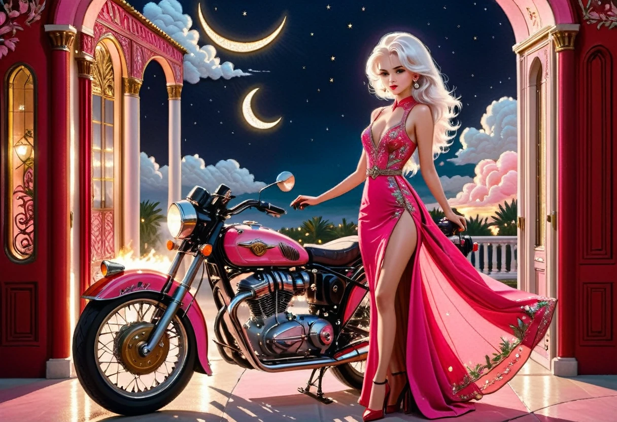 an (embroidery picture: 1.5) of an exquisite woman standing near her legendary vintage (pink motorcycle: 1.3), a glam beautiful, woman, medium hair cut, (white hair: 1.2), intense gaze, elegant intricate dress, (red dress: 1.1), standing near her epic vintage (pink motorcycle: 1.3), it is night time, moon light, some clouds, there is an entrance to torch lit entrance to a palace in the background, ral-embroideredpatch, best details, best quality, 16k, [ultra detailed], masterpiece, best quality, (extremely detailed), dynamic angle, full body shot, Cinematic Hollywood Film, intense gaze