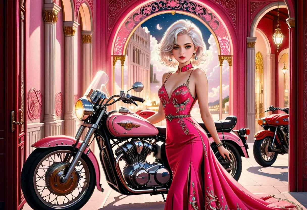 an (embroidery picture: 1.5) of an exquisite woman standing near her legendary vintage (pink motorcycle: 1.3), a glam beautiful, woman, medium hair cut, (white hair: 1.2), intense gaze, elegant intricate dress, (red dress: 1.1), standing near her epic vintage (pink motorcycle: 1.3), it is night time, moon light, some clouds, there is an entrance to torch lit entrance to a palace in the background, ral-embroideredpatch, best details, best quality, 16k, [ultra detailed], masterpiece, best quality, (extremely detailed), dynamic angle, full body shot, Cinematic Hollywood Film, intense gaze