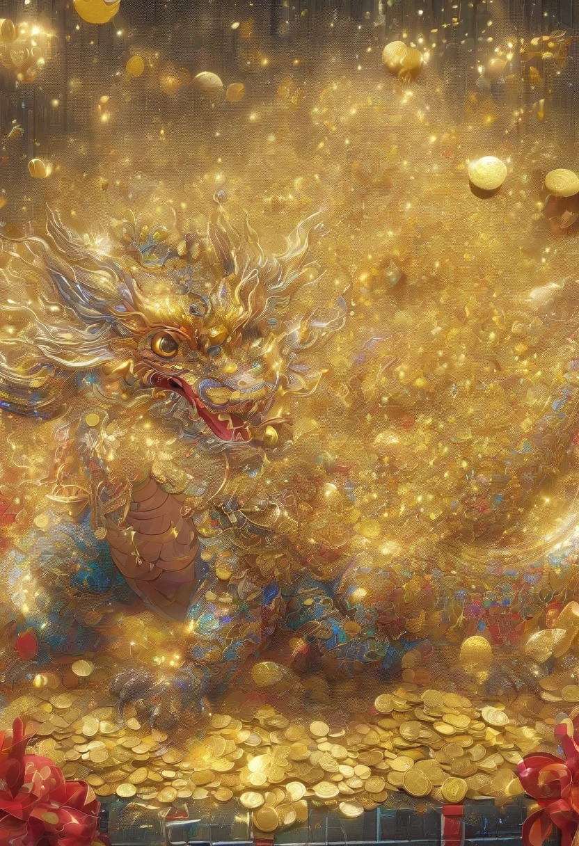 New Year has arrived，Baby Oriental Dragon，spit out lots of gold coins，Big hairy head，Show your hand，It is very nice。Gold coins and golden confetti rain，Red confetti，Strong atmosphere，Stupid cute，Hairy little legs。oh...There are a lot of gold coins in the air。Symmetric。Good luck