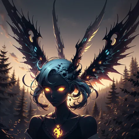 DEMON, skullhead, a scary angel with wings, the demon has a necklace of small skulls connected to his neck, vector illustration