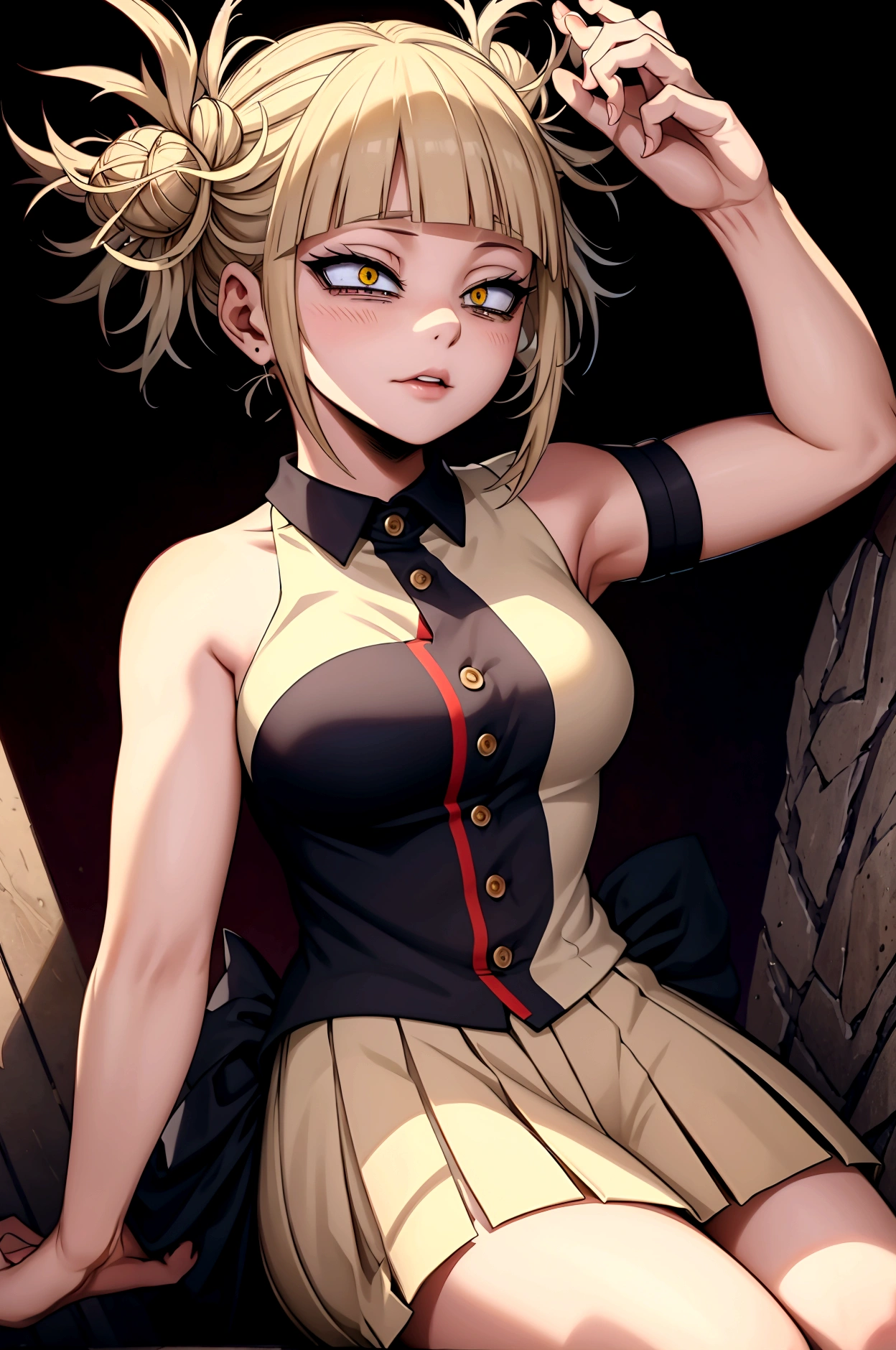 Himiko toga ,\(my hero academia\),my hero academia,picture perfect,eyes perfect ophimiko toga\(my hero academia\),my hero academia,perfect picture,perfect eyes,Short blond hair with two messy pulps in the hair and yellow eyes with cat pupils,  wearing strapless dress, with straight pencil skirt, very sensual, 