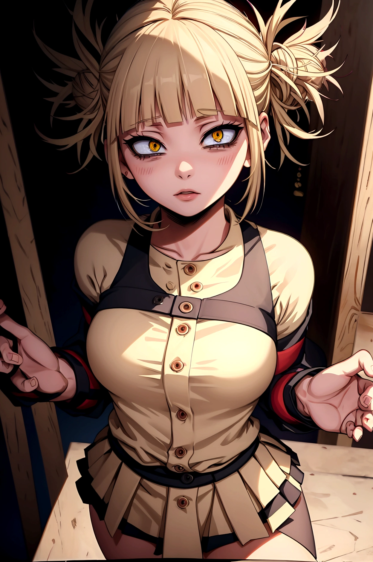 Himiko toga ,\(my hero academia\),my hero academia,picture perfect,eyes perfect ophimiko toga\(my hero academia\),my hero academia,perfect picture,perfect eyes,Short blond hair with two messy pulps in the hair and yellow eyes with cat pupils,  wearing strapless dress, with straight pencil skirt, very sensual, 