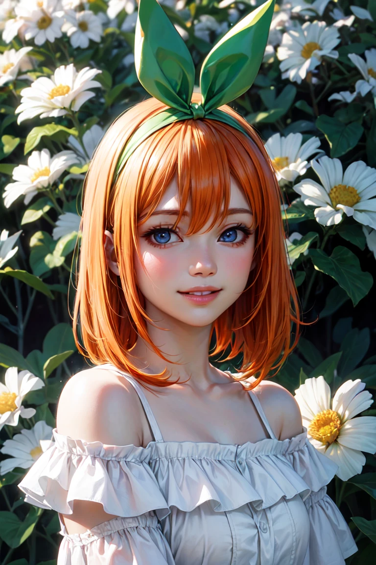 Best quality, masterpiece, ultra high res, (photorealistic:1.4), raw photo, 1girl, white dress, off shoulder, blossom flower field, glowing skin, light smile, yotsuba nakano, orangw hair, shoulder length orange hair, blue eyes, green ribbon