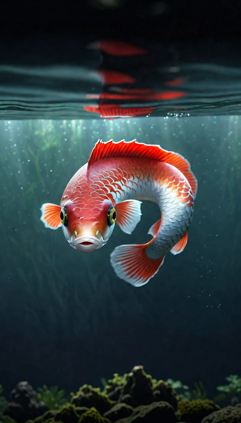 Panorama，河里有一种Mysterious Creatures：Red fish body，Human face，Mysterious Creatures, shrike, (best quality，4K，8K，High level，masterpiece：1.2），Ultra Detailed，（lifelike，Photo real，Photo real：1.37），Highly detailed animals，Complex patterns，Realistic lighting，Fantasy Creatures