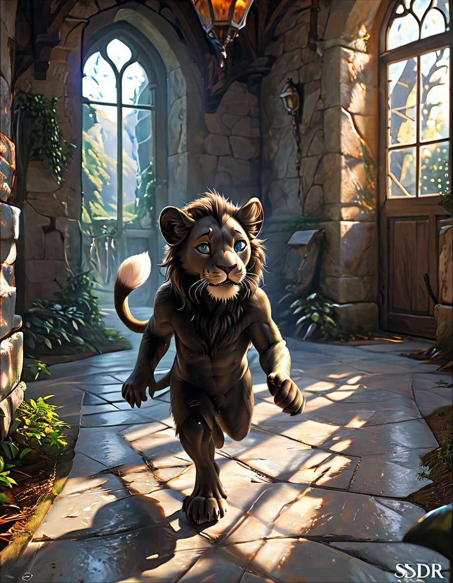 Set in a medieval castle, nearby humans flee from lion, one albino black lion, cool, full body black lion bigger than a house, scene with black lion running, small people fleeing High resolution, sharp focus, (super detailed, highly detailed) Highly detailed CG Unity 8k wallpaper), (((vibrant colors, vibrant theme))), (intricate), (masterpiece), (best quality), art photography, (photo by sldr), (intricate background), perfectly rendered face, perfect facial details, realistic face, photorealistic, ((intricate details)), (((realism))), full body, wide field of view
