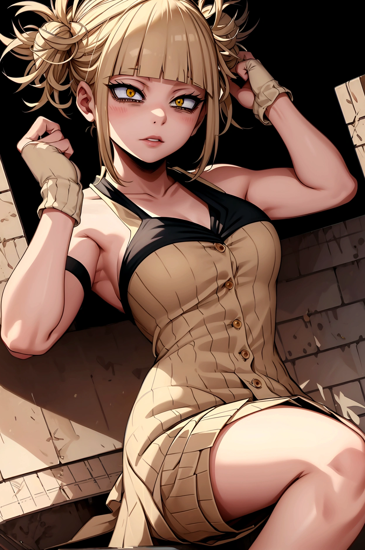 Himiko toga ,\(my hero academia\),my hero academia,picture perfect,eyes perfect ophimiko toga\(my hero academia\),my hero academia,perfect picture,perfect eyes,Short blond hair with two messy pulps in the hair and yellow eyes with cat pupils,  wearing strapless dress, with straight pencil skirt, very sensual, 