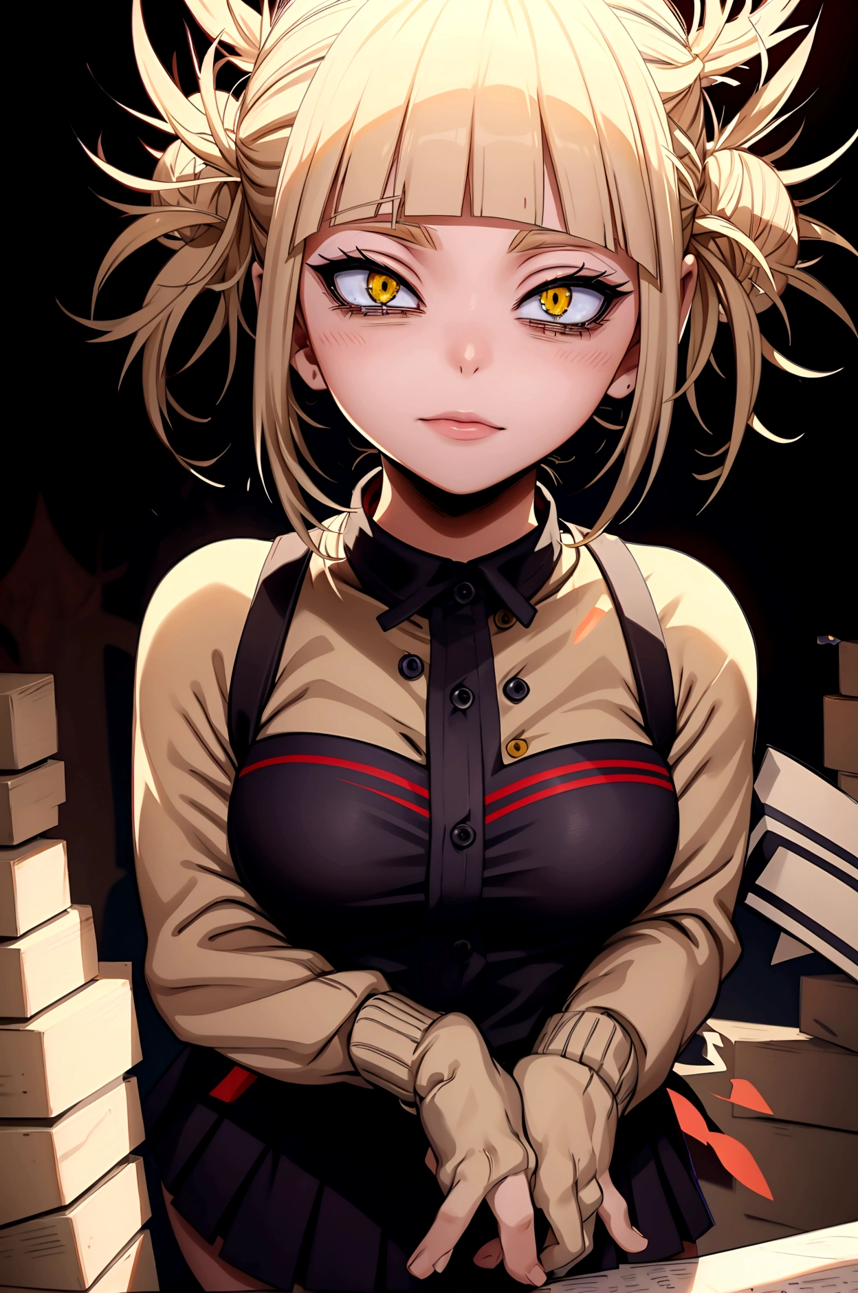 Toga Himiko ,\(meu herói academia\),meu herói academia,imagem perfeita,olhos perfeitos ofhimiko toga\(meu herói academia\),meu herói academia,foto perfeita,olhos perfeitos,Cabelo loiro curto com duas polpas bagunçadas no cabelo e olhos amarelos com pupilas de gato,  usando vestido sem alças, com saia lápis reta, muito sensual, 