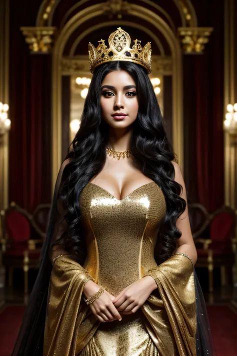 woman, long curly black hair, wearing long detailed princess dress with gold edges, large golden crown, full body, large bust, l...