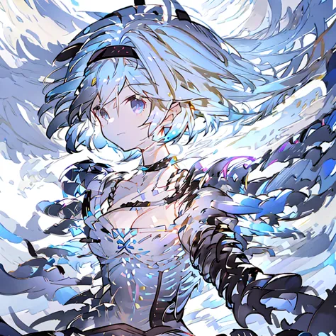 djeeta 　pure white background　blue hair　black headband　facing forward　looks strong　black armor　cleavage is coming out　i have a p...