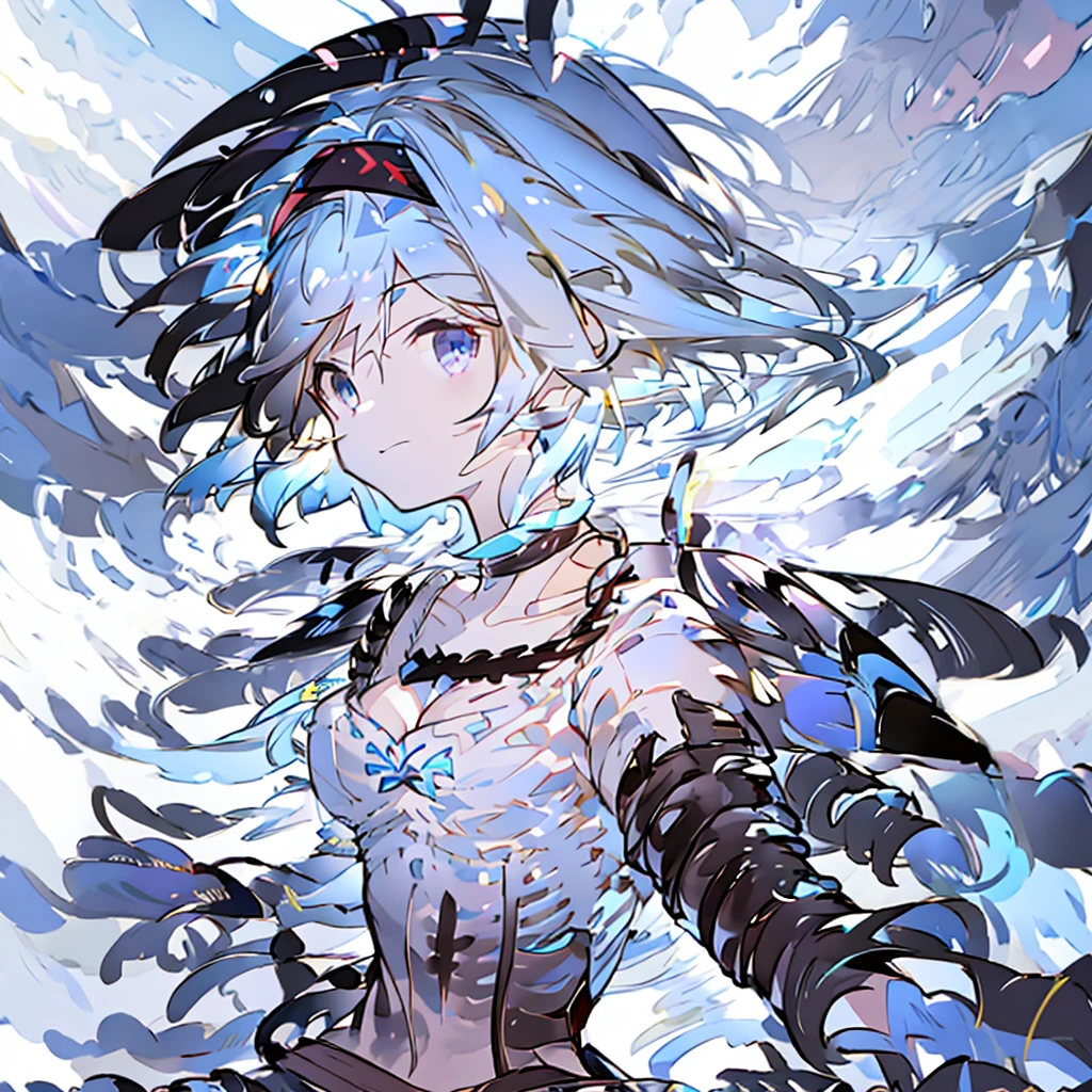 Djeeta 　Pure white background　Blue Hair　Black headband　Facing forward　looks strong　Black Armor　Cleavage is coming out　I have a protruding belly