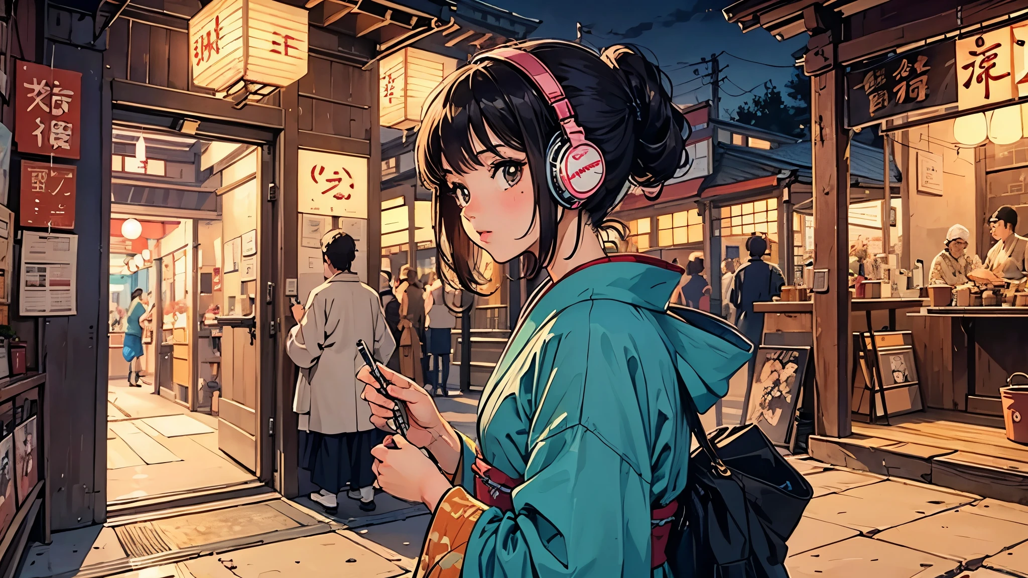 1 girl, A girl in 80s anime style, wearing headphones, retro, lo-fi, outside, outside, kimono, kimono, Japan, Japanese style, Japanese style, festival, Festivals