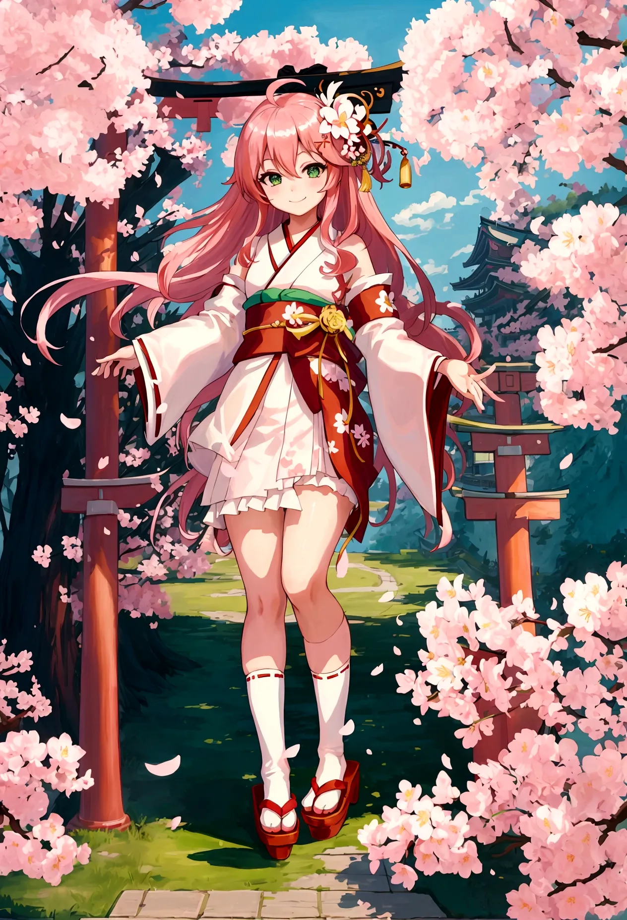 ((masterpiece,highest quality)),one girl, cherry blossoms, day, flower, kimono, view your viewers, recall, outdoor, are standing...