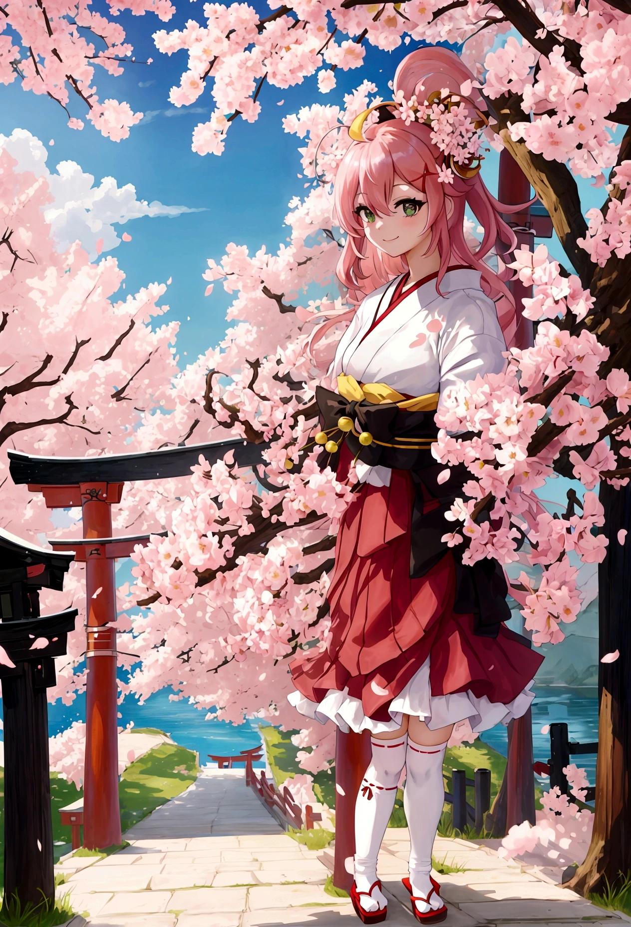 ((masterpiece,Highest quality)),One girl, cherry blossoms, Day, flower, kimono, View your viewers, Recall, Outdoor, Are standing, torii, wood, Miko 1, sakura miko, Green Eyes, alone, Ahoge, X Hair Ornament, Pink Hair, Single knee socks, Side bust, Hair Clip, Hair Bell, flower柄プリント, Long Hair, Hair between the eyes, One side up, White knee socks, Asymmetrical legwear, Wide sleeves,smile