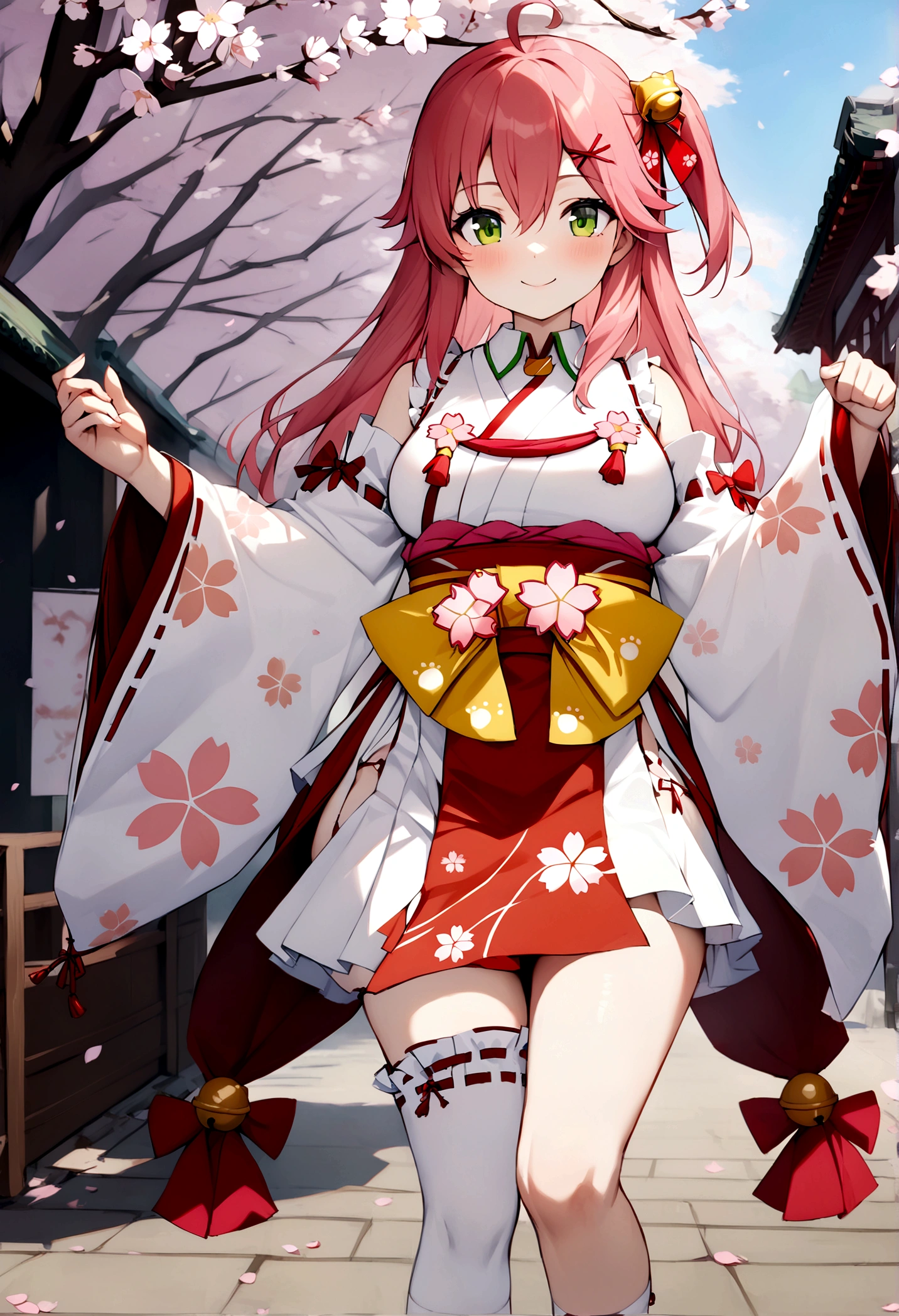 ((masterpiece,Highest quality)),One girl, cherry blossoms, Day, flower, kimono, View your viewers, Recall, Outdoor, Are standing, Miko 1, sakura miko, Green Eyes, alone, Ahoge, X Hair Ornament, Pink Hair, Single knee socks, Side bust, Hair Clip, Hair Bell, flower柄プリント, Long Hair, Hair between the eyes, One side up, White knee socks, Asymmetrical legwear, Wide sleeves,smile