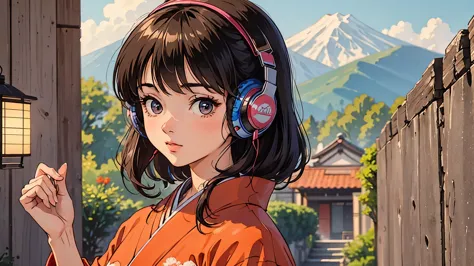 1girl, a girl in 80s anime style, wearing headphones, retro, lo-fi, kimono, kimono, japan, japanese style, japanese style, japan...