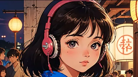 1 girl, a girl in 80s anime style, wearing headphones, retro, lo-fi, outside, outside, kimono, kimono, japan, japanese style, ja...