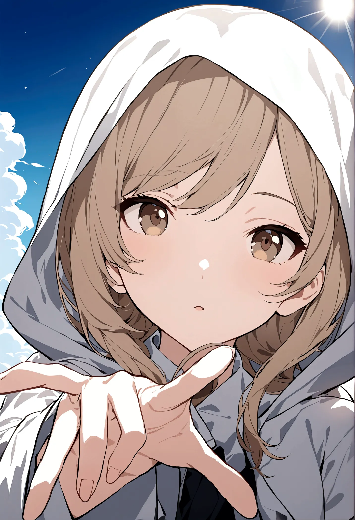 (wallpaper, masterpiece, 32k, 8k) a 17 year old girl looking at the sky with her hand outstretched, overcoat, hood over her head...