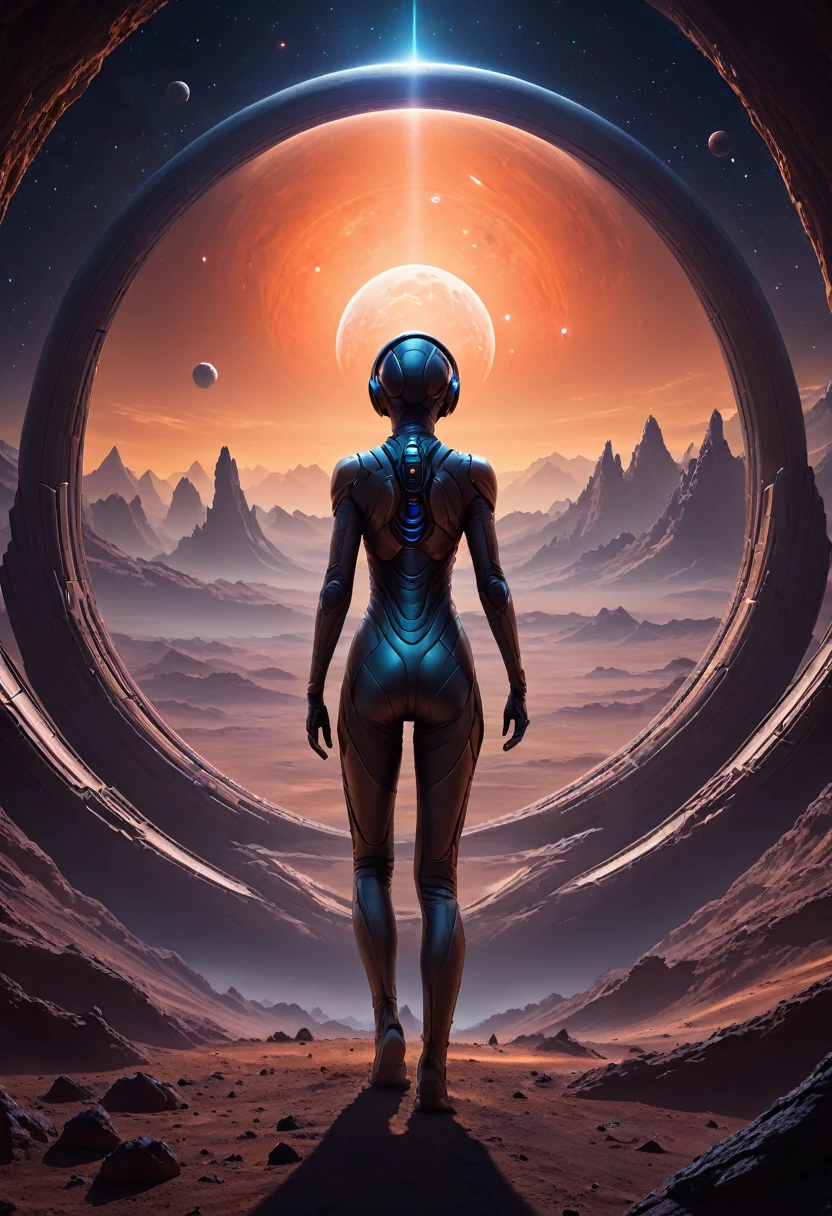 Conceptualize an epic artwork featuring a person in Stillsuit Exploring Alien Worlds, withmask, dark nebula background, focus woman, futuristic technology and space themes with advanced civilizations, extraterrestrial landscapes, and otherworldly structures, emphasize the character's isolation and wonder as they navigate through uncharted territories to create an immersive experience for viewers. trending on artstation, sharp focus, 