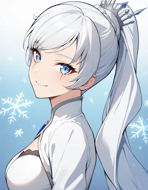 nsfw, masterpiece,best quality,1girl, weiss schnee, solo, smile, looking at viewer, snowflakes, from side, white dress, scar on ...