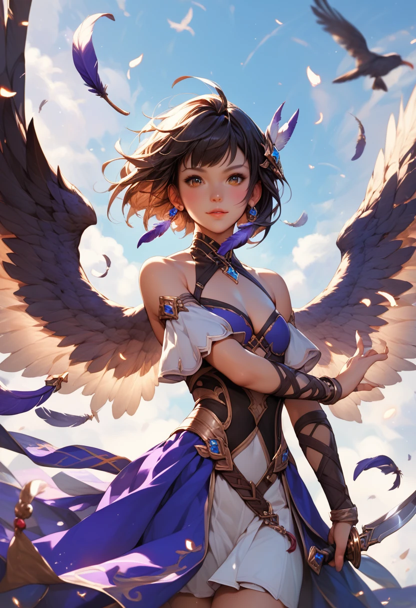 a young beautiful, powerful female mage with gorgeous long dark color dress fantasy style. feathers of her wings are made by knives
