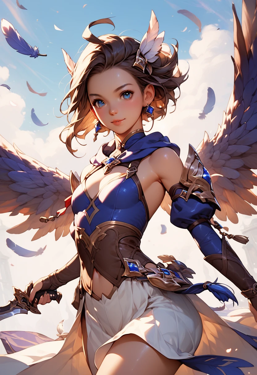 a young beautiful, powerful female mage with gorgeous long dark color dress fantasy style. feathers of her wings are made by knives
