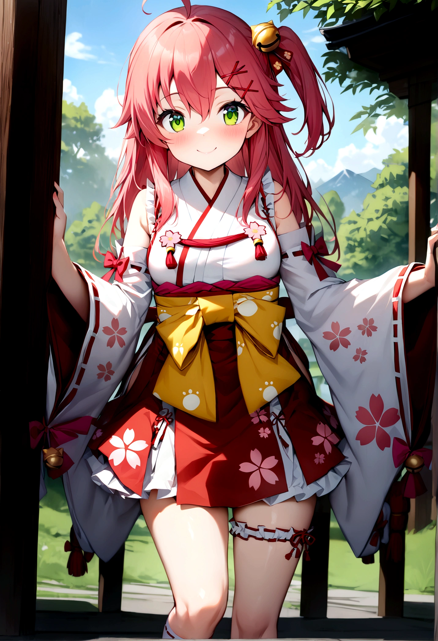 ((masterpiece,Highest quality)),One girl, Day, kimono, View your viewers, Recall, Outdoor, Are standing, Miko 1, sakura miko, Green Eyes, alone, Ahoge, X Hair Ornament, Pink Hair, Single knee socks, Side bust, Hair Clip, Hair Bell, Floral print, Long Hair, Hair between the eyes, One side up, White knee socks, Asymmetrical legwear, Wide sleeves, smile, sunny, Teehee