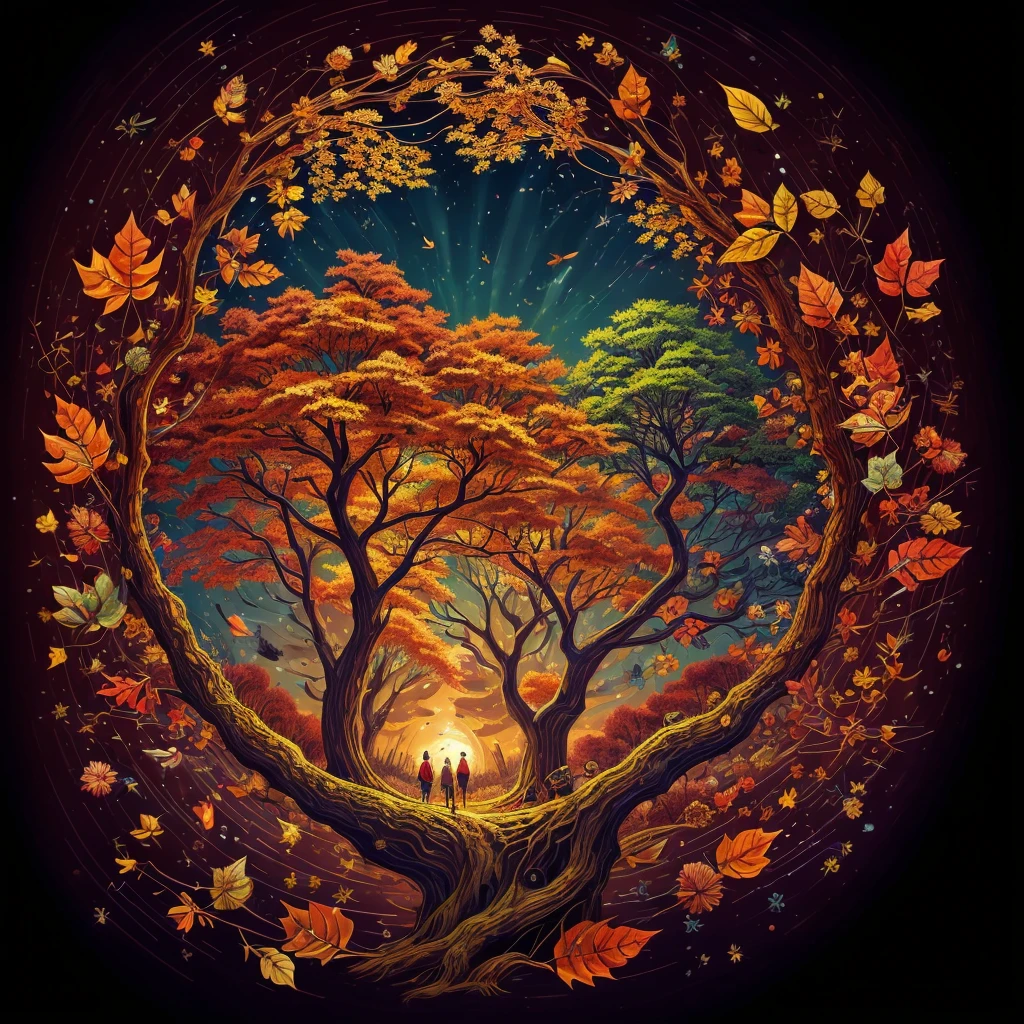 circular tree,four seasons,spring,summer,autumn,winter,leaves,roots,branches,trunk,ornate border,decorative,digital illustration,artwork,movement,time,swirling background,dark background,vibrant colors,natural,life cycle,growth,change,nature,life,peace,harmony,spirituality,symbolism,digital art,illustration,painting,graphic design,art,design,digital media,online art,visual art,fine art,fantasy