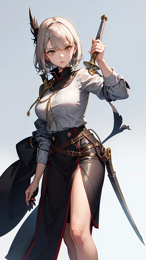 ((Pause)), (To the camera), Character Design, (Young people), ((Female Swordsman), (Medieval), whole body, Holding a sword, (Perfect quality), Pure white background