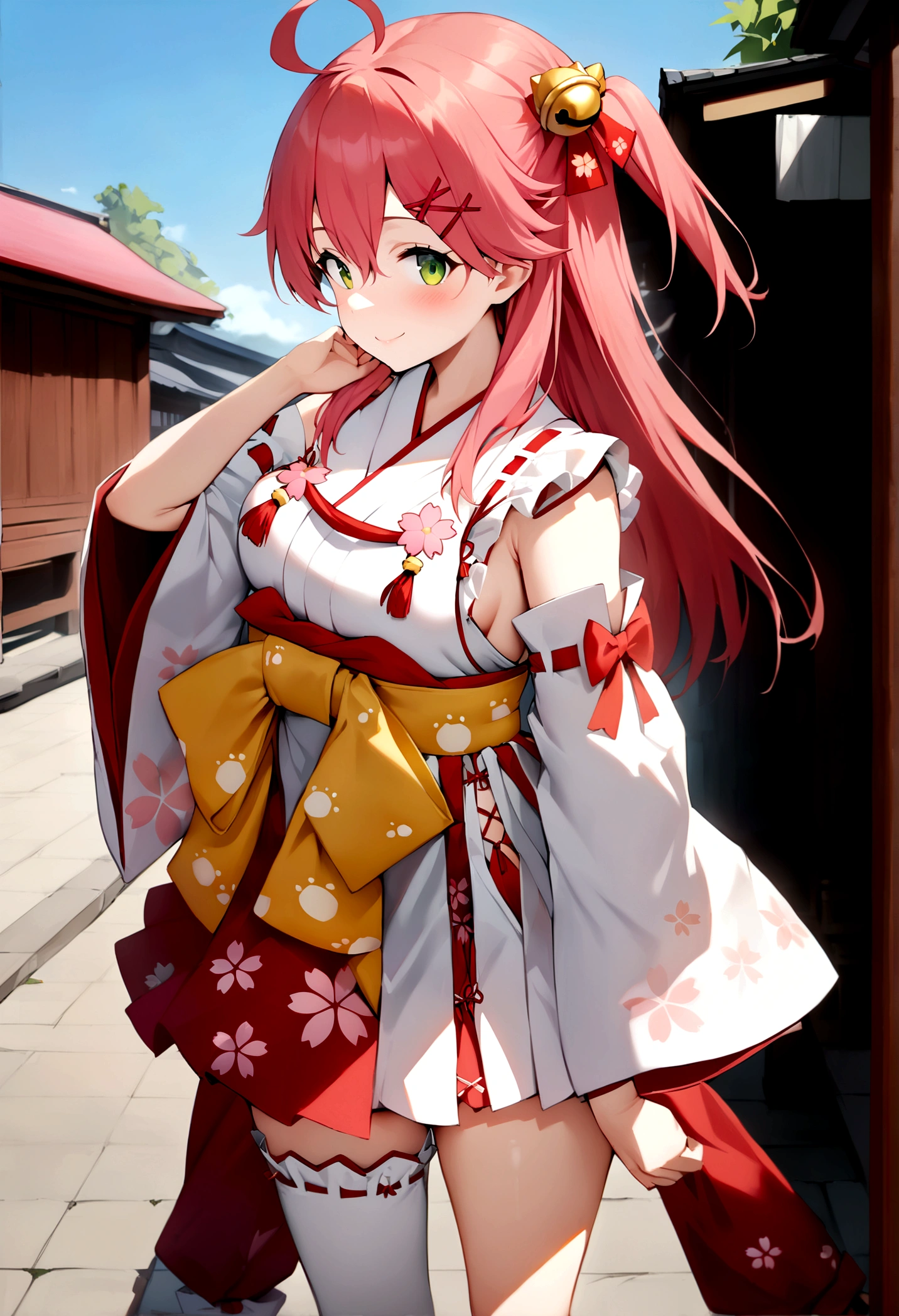 ((masterpiece,Highest quality)),One girl, Day, kimono, View your viewers, Recall, Outdoor, Are standing, Miko 1, sakura miko, Green Eyes, alone, Ahoge, X Hair Ornament, Pink Hair, Single knee socks, Side bust, Hair Clip, Hair Bell, Floral print, Long Hair, Hair between the eyes, One side up, White knee socks, Asymmetrical legwear, Wide sleeves, smile, sunny, profile