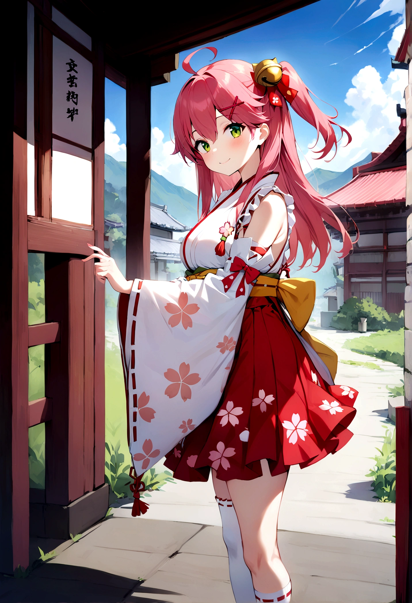 ((masterpiece,Highest quality)),One girl, Day, kimono, View your viewers, Recall, Outdoor, Are standing, Miko 1, sakura miko, Green Eyes, alone, Ahoge, X Hair Ornament, Pink Hair, Single knee socks, Side bust, Hair Clip, Hair Bell, Floral print, Long Hair, Hair between the eyes, One side up, White knee socks, Asymmetrical legwear, Wide sleeves, smile, sunny, profile